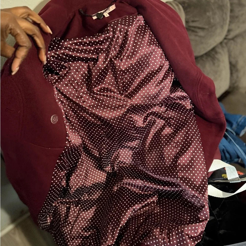 Review Women's Double-Breasted Coat in Burgundy